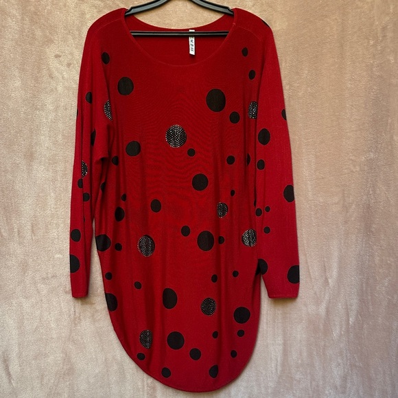 C.M.P.55 Sweaters - C.M.P.55 Collection Crimson Red Long Sweater with Black Sparkling Polka Dots